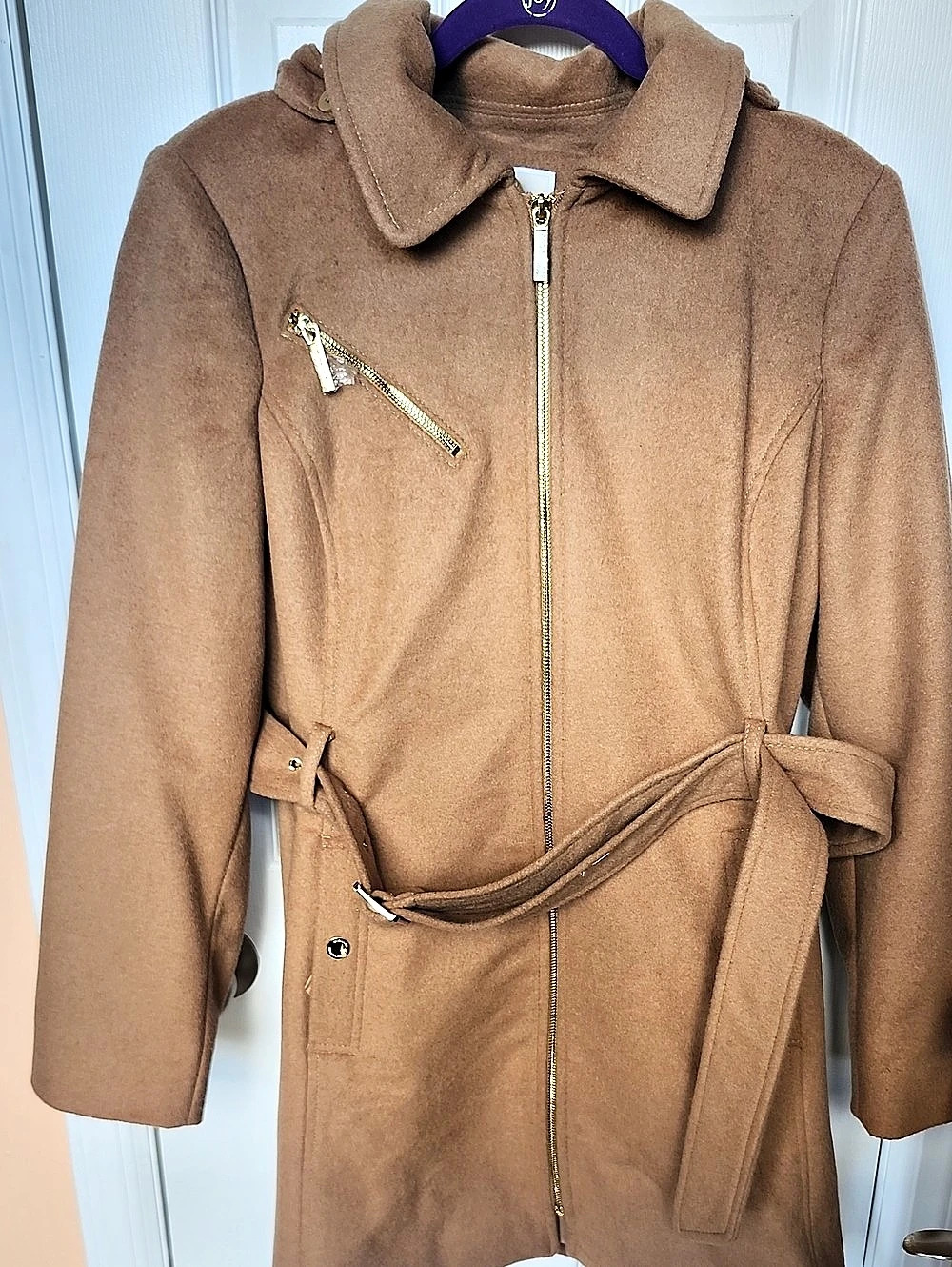 Michael Kors Wool Blend Belted Hooded Coat Brown Size 12 NWOT